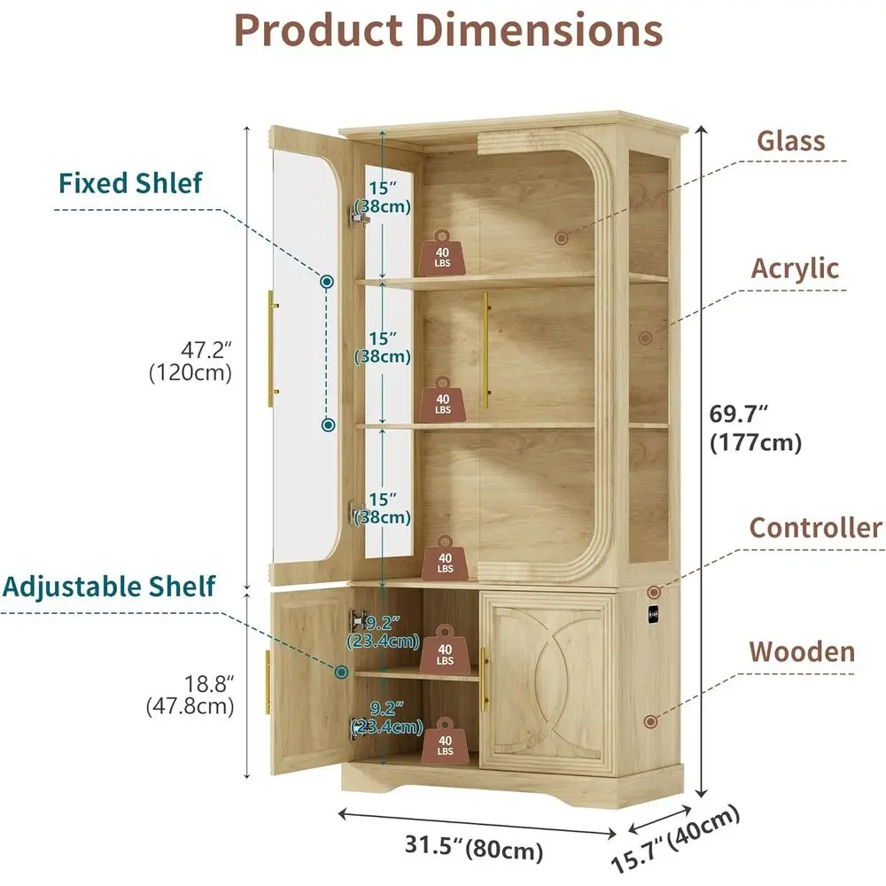 69 Oak 5-Tier LED-Lit Glass Display Cabinet with Human Body Sensor for Living Room view 2