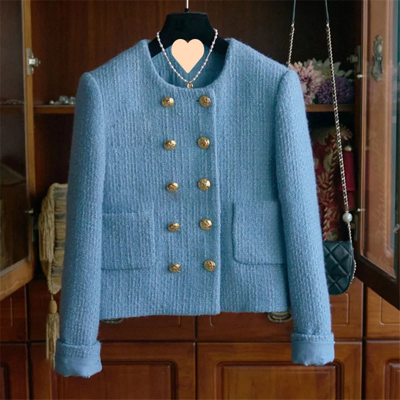 French Style Double Breasted Short Jacket Women Autumn Winter Elegant Coarse Tweed Long Sleeved Top Round Neck Versatile Coat