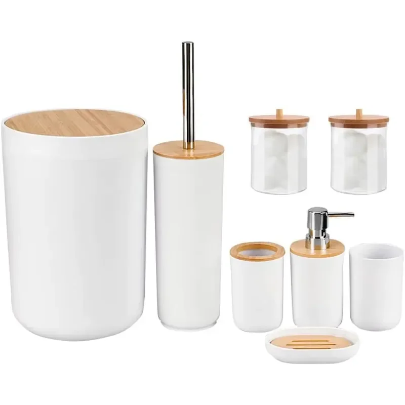6 Piece PP Bathroom Set with Wooden Accessories Decorative Washroom Kit for Sink Vanity Countertop Organizer Storage Holder