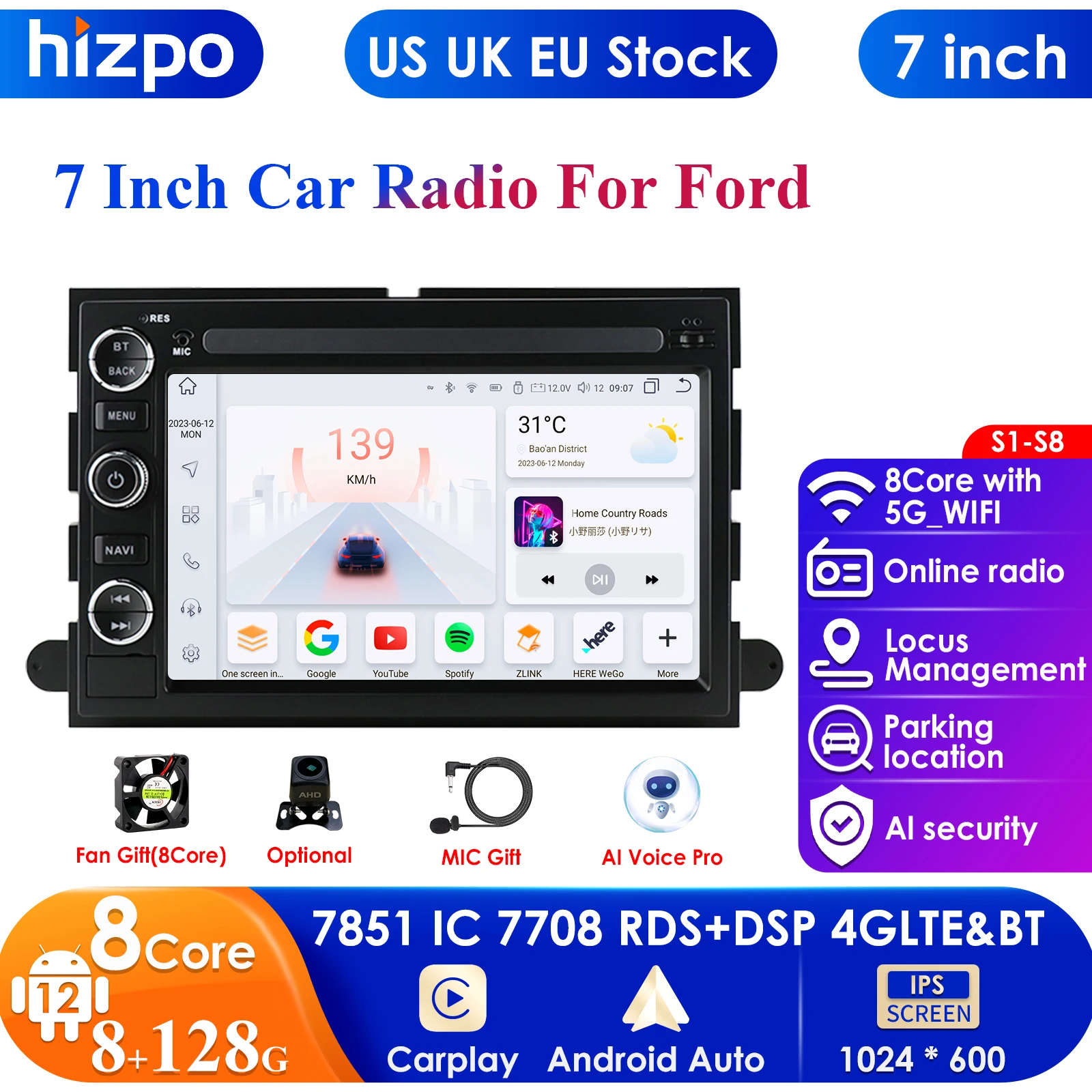 

7'' 7862 AI 2din Android 13 Car Radio Multimedia Video Player for Ford F150 F250 F350 Mercury Explorer Mustang Expedition Escape