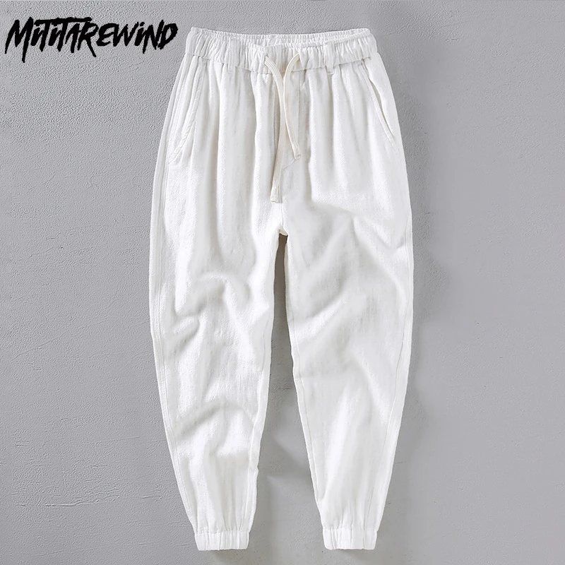 

Japanese Cotton Linen Pants Men Daily Causal Baggy Pants Drawstring Elastic Waist Nine Point Trousers Youth Simple Men's Pants