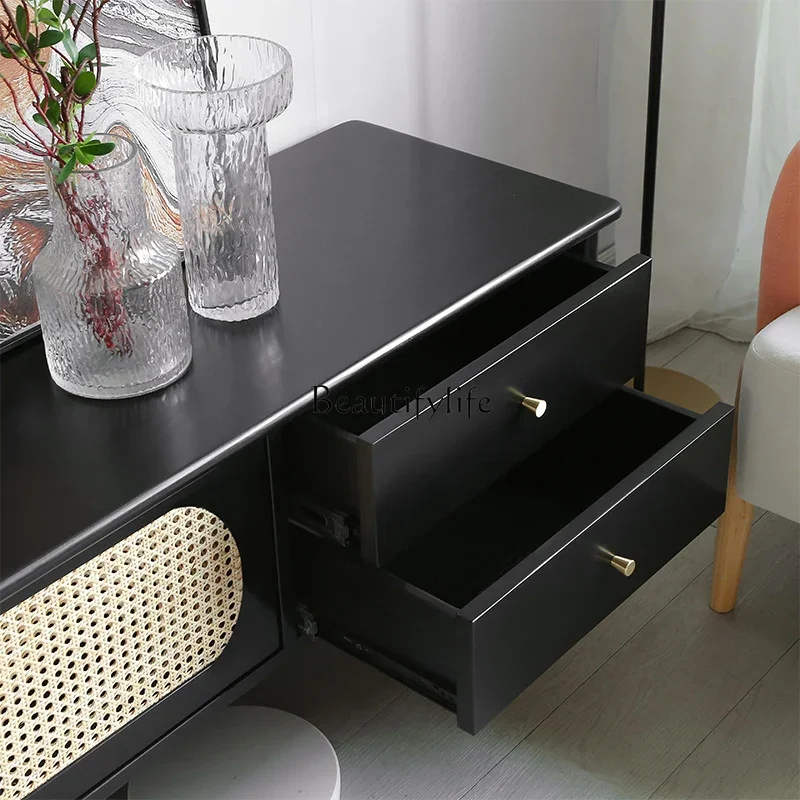 yj7 Nordic simple solid wood TV cabinet French log floor storage cabinet, light luxury rattan
