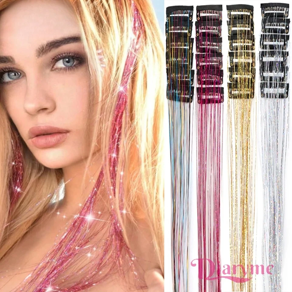 

12 шт., зажим для мишуры для волос, модная блестящая мишура, синтетические прямые волосы для наращивания, набор мишуры для волос, термостойкие, блестящие