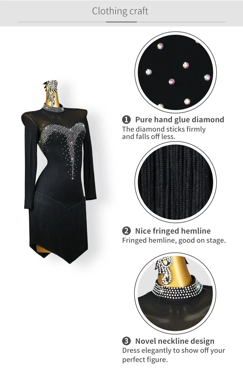Lateinamerikanisches Kleid, Damen-Übungskleidung, Ballsaal-Tanz, für Erwachsene, Partys, Kabarett, Wettbewerbsanzug, Sportkleid, Mädchen, lange Ärmel, Kostüm – Detail 6