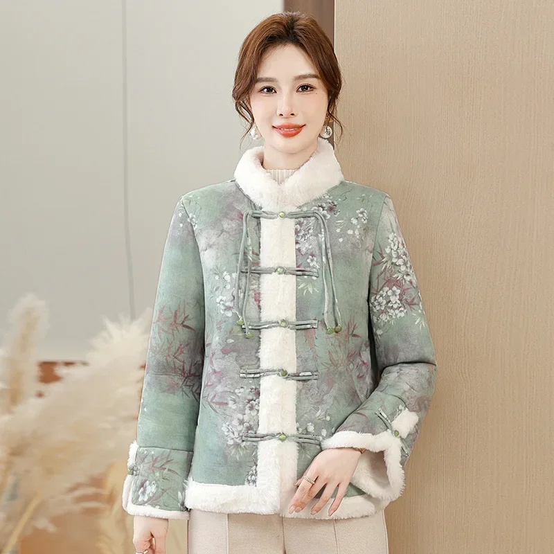 

Thickened Floral Print Cotton Jacket Warm Winter Outerwear for Mom And Grandma Long Sleeve Chinese Style Women's Coat