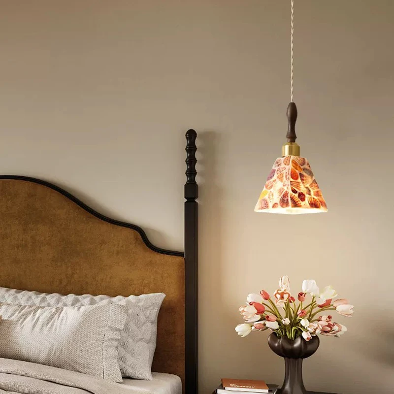 Middle ancient style bedroom pendant light, solid wood bedside lamp, artistic glass lampshade, entrance foyer hallway light