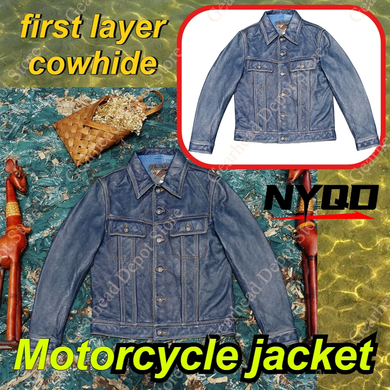 

Knight Blue Denim Leather Jacket Youth Fashion Short Style Single Button Closure Casual Coat for Men with Multiple Pockets