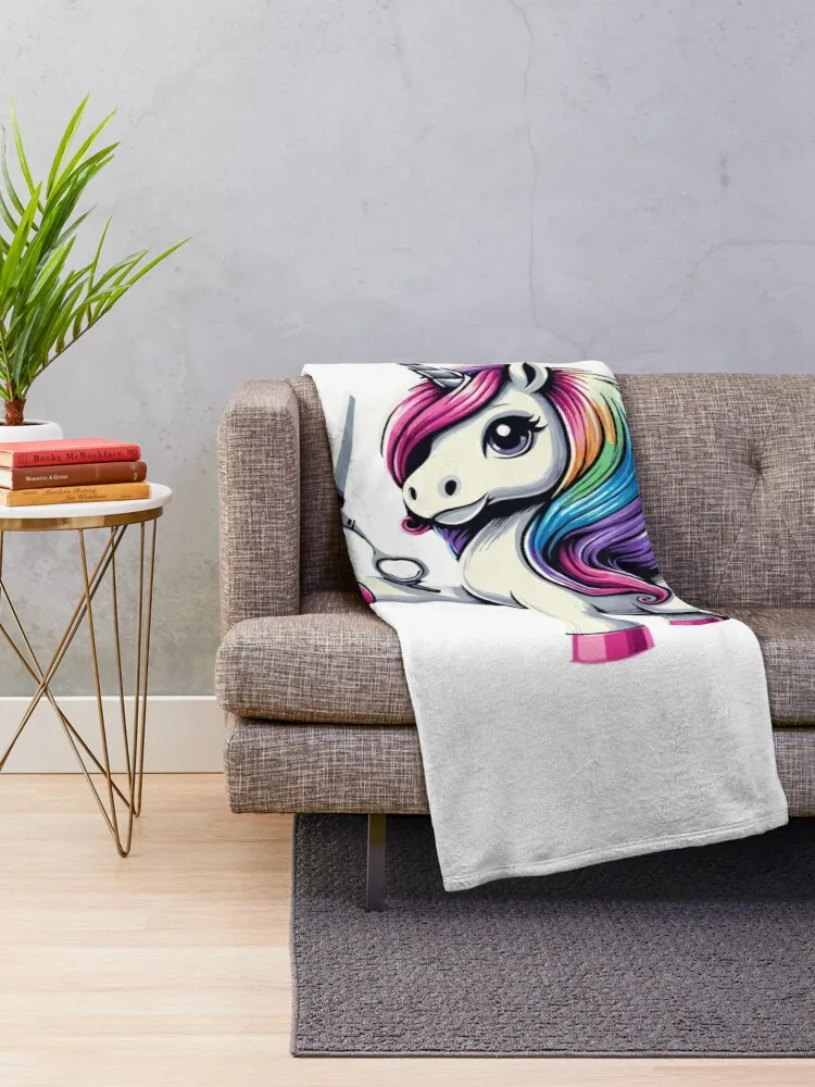 Unicorn as Hairdresser with Scissors Throw Blanket Custom decorative Blankets