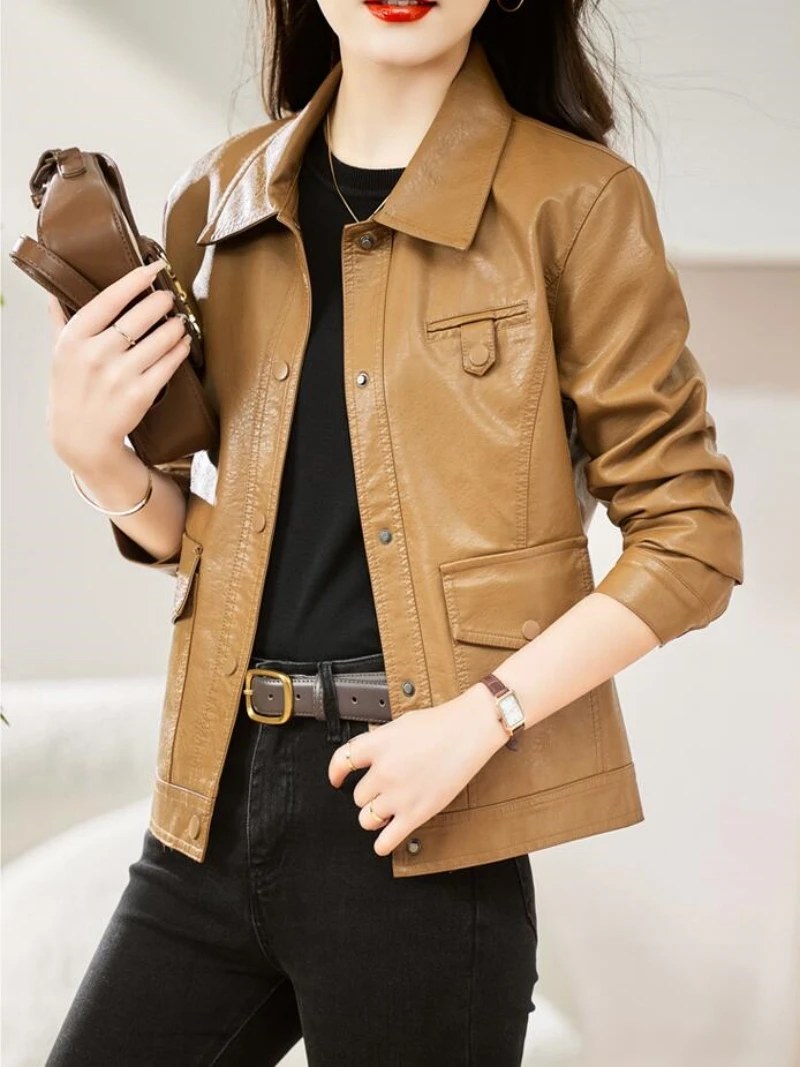 New Women Genuine Leather Jacket Autumn Winter Fashion Moto&Biker Style Outerwear Turn-down Collar Short Sheepskin Coat