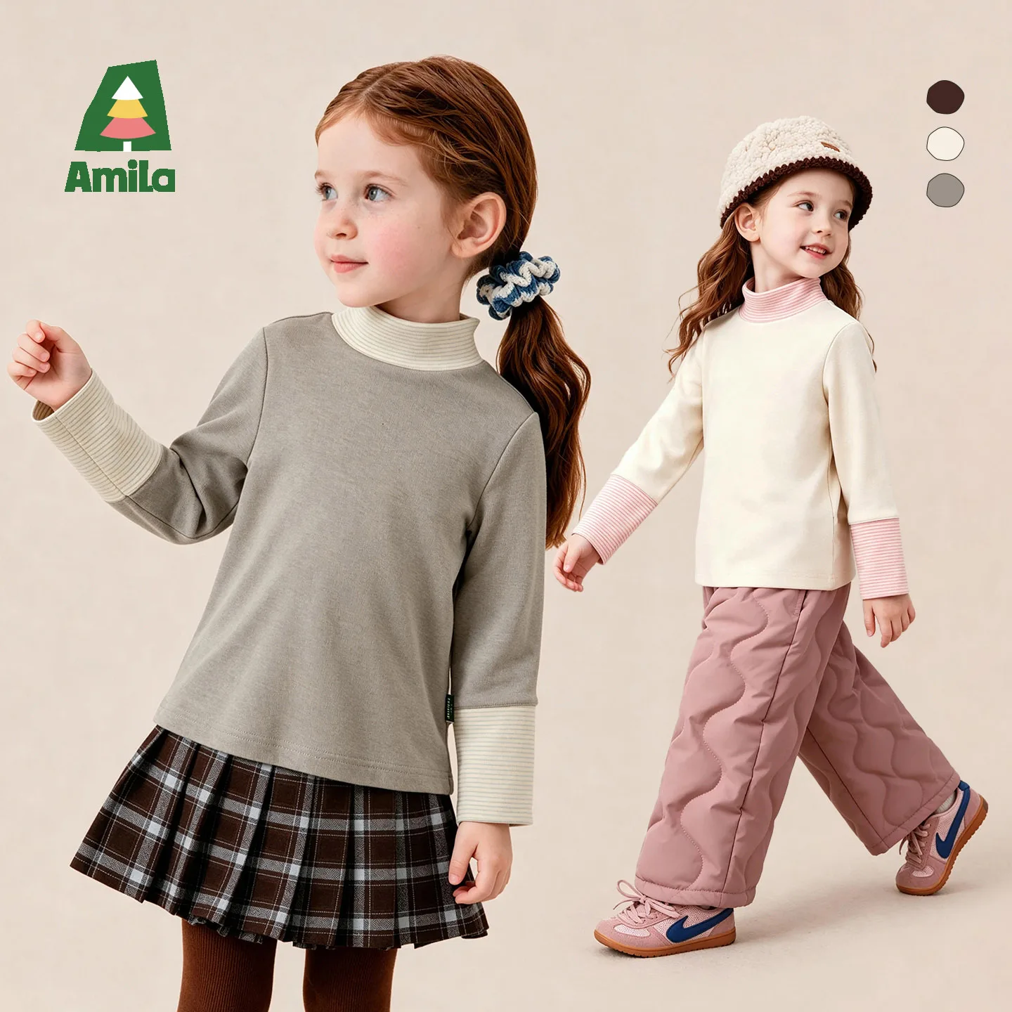 Amila 2026 Winter New Kids T Shirt Solid Stripe Splice Classic Versatile Crew Neck Extra Soft Warm Cozy Daily Comfortable Top