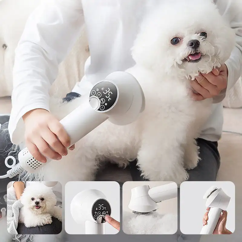 Smart Dog Hair Dryer 2 in 1 Pet Cat Hair Blowing Combing Negative Oxygen Ion Low Noise LED Touch Control Temperature Display