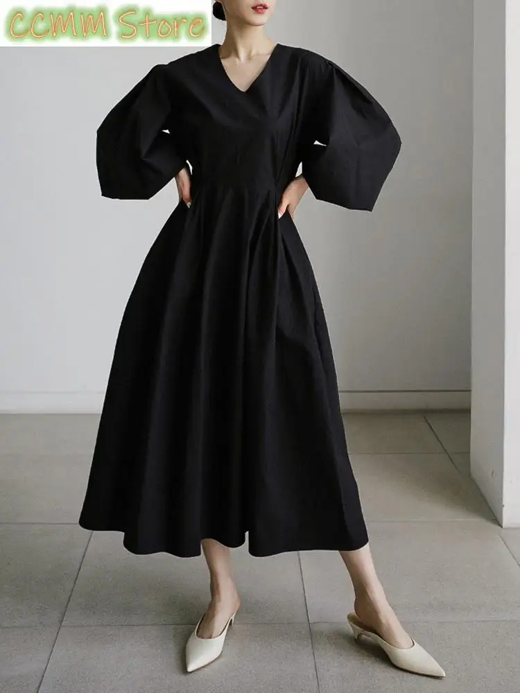 Women Kahki Elegant Big Size Long Dress New V-Neck Long Lantern Sleeve Loose Fit Fashion Tide Spring Autumn