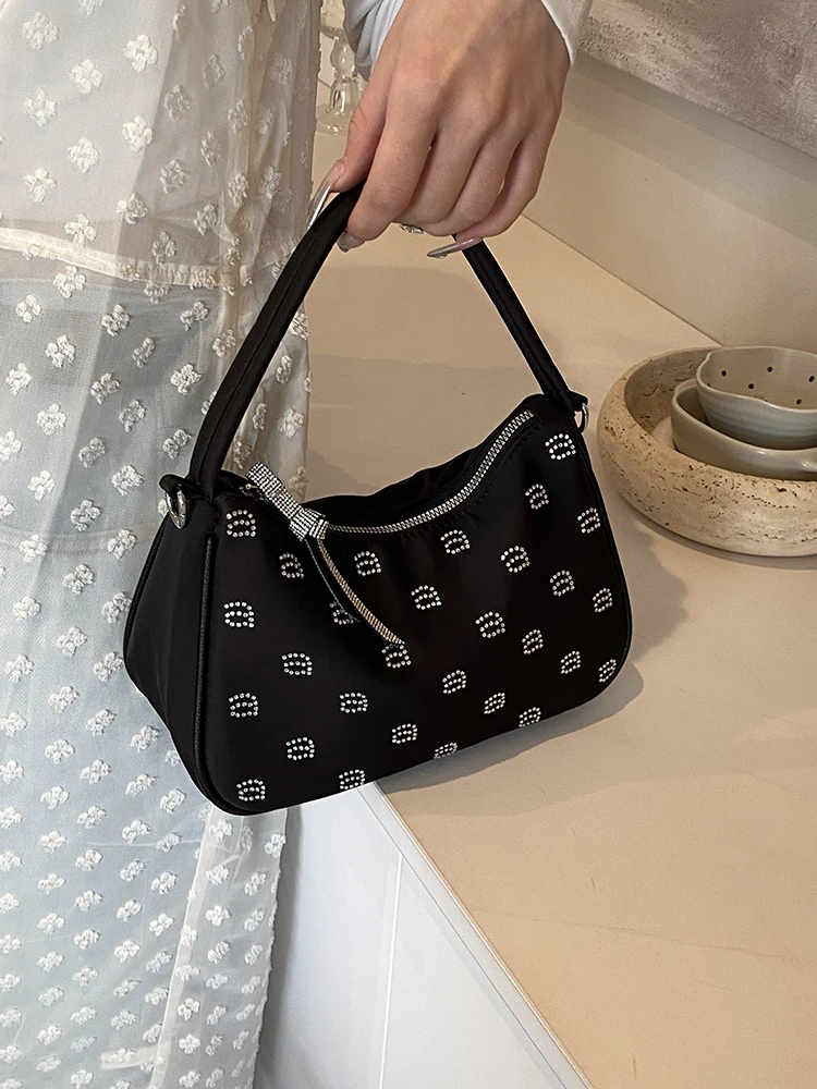 High-end Textured Rhinestone Crossbody Bag Women Black Fashion Nylon Commuter Handbags 2024 Lady Shoulder Bags