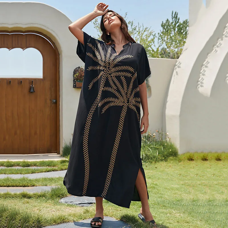 فستان شاطئ طويل مطبوع عليه طباعة شجرة جوز الهند ، سروال أسود ، غطاء بيكيني ، التفاف ، الستر ، ملابس سباحة ، تغطية