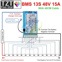 Carte de protection de charge de batterie avec dissipateur de chaleur commun avec contrôle de la température BMS 13S 48V 15A Lmo ternaire Eddie ion Lithium 18650