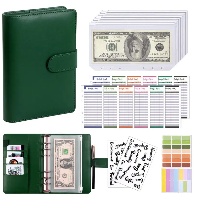 A6 PU Leather Budget Binder Notebook Cash Envelopes System Set with Binder Pockets for Money Budget Saving Bill Organizer