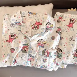 Crayon Shin-chan Women Pajamas Set Collar Soft Sleepwear Pjs Button Down Nightwear with Long Pants Anime Kawaii Homewear Set