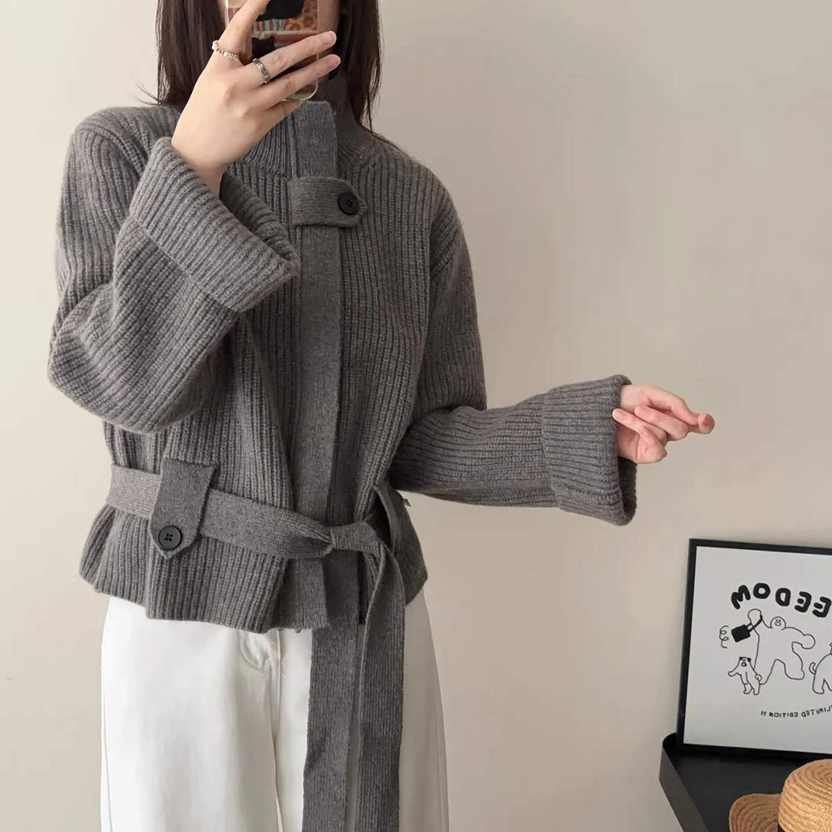 

Chic Stand Colar Solid Color Knit Cardigans 2025 Women's Autumn Winter New Lace Up Zipper Sweater Fashion Temperament Lady Tops