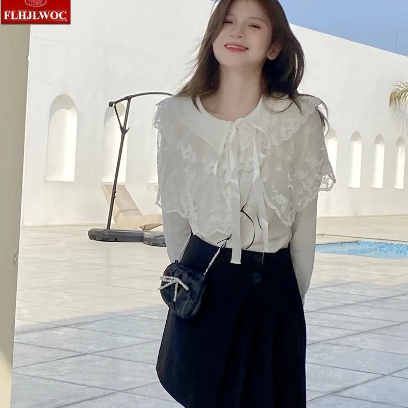 القطن الكشكشة مقوس دانتيل القوس التعادل القمم المرأة الكورية نمط اليابان الفتيات طويلة الأكمام أنيقة لطيف الشريط الحلو الأساسية قمصان بيضاء البلوزات