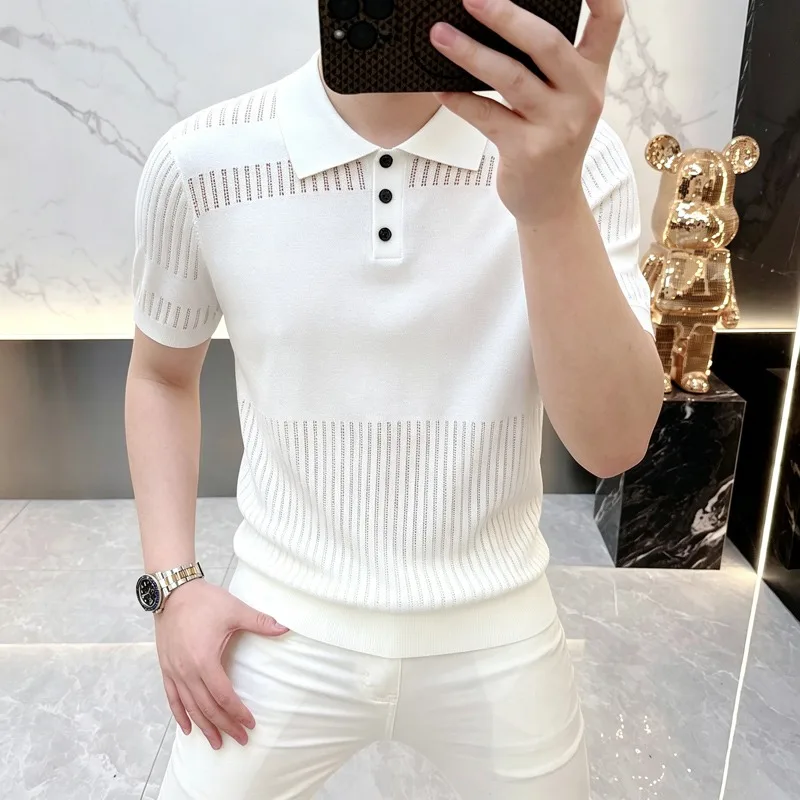 2026 Summer Hollowed Out Striped Polo Shirt for Men Short Sleeved Knitted Casual T-shirt Versatile Business Social T-shirts Man