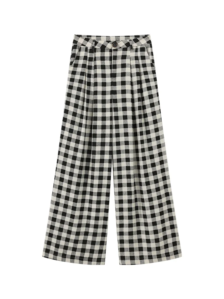 Black White Plaid Wide Leg Pants Women Summer High Waist Loose Fit Trousers Casual Vintage Checkered Straight Draped Bottoms