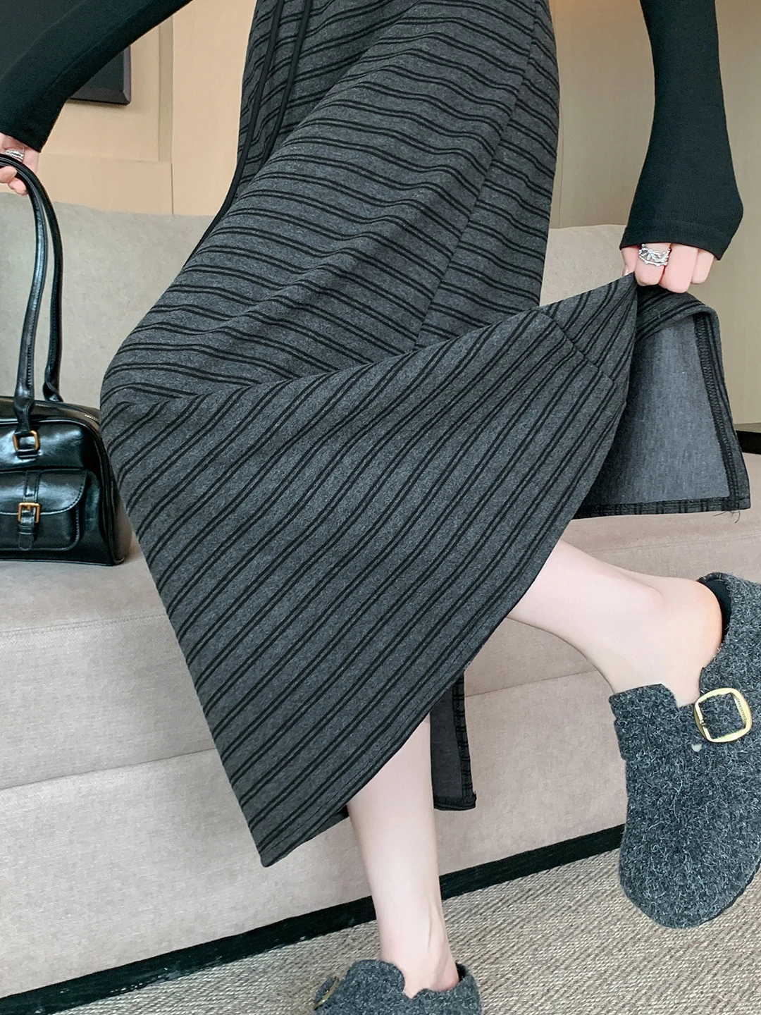 plus Size Women's High Waist Thick Striped Sports Universal Autumn Winter Korean Style Half Skirt InsA Umbrella Skirt