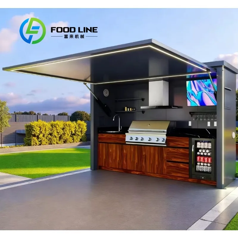 Customized Modular Weatherproof Enclosed Shelter with Outdoor Kitchen Pavilion Featuring a Barbecue and Sink