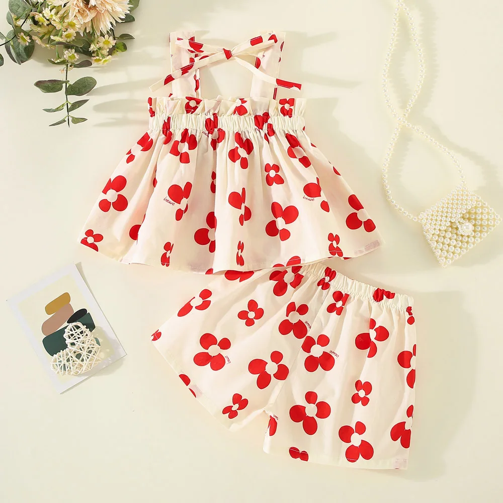 Summer Baby Girl Outfit Set Trend Fashion Flowers Print Suspender Top with Casual Beach Shorts Children's Top And Bottom Clothes