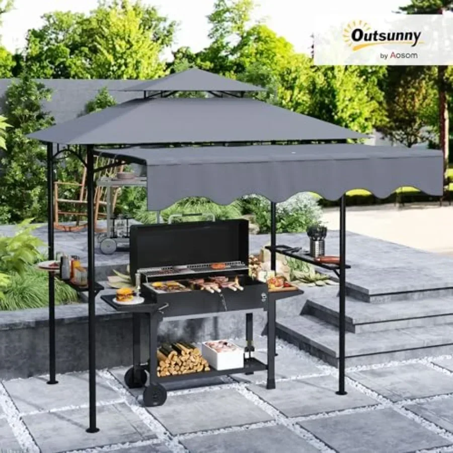 8' x 7.6' Outdoor BBQ Gazebo with Double Tiered Design Side Awning 2 Side Shelves 6 Hooks Weather-Resistant Polyester Fabric k