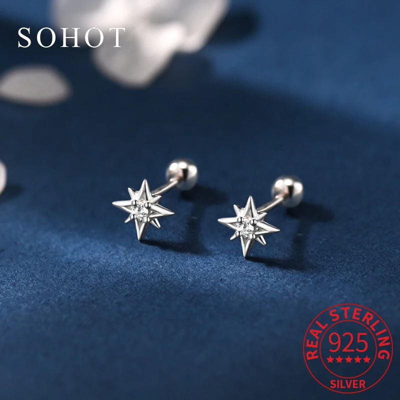 

Real 925 Sterling Silver Geometric Star Zircon Tiny Screw Bead Stud Earrings for Women Minimalist Fine Jewelry Accessories