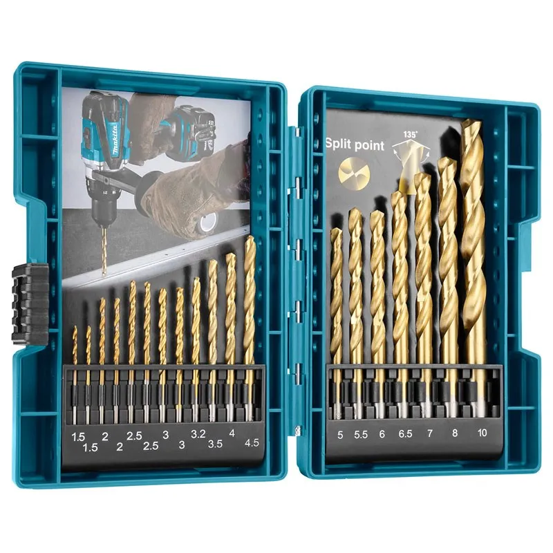 Makita D-67527 HSS TiN Metal Twist Drill Bit Set 19Pcs Titanium-Nitride Coating Woodworking Metal Working Electric Drill Bits