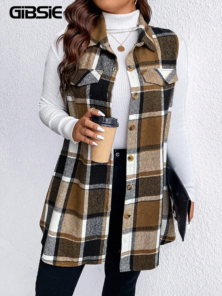 GIBSIE Plus Size Single Breasted Plaid Sleeveless Jacket Women 2024 Autumn and Winter Fashion Loose Long Woolen Coat Female