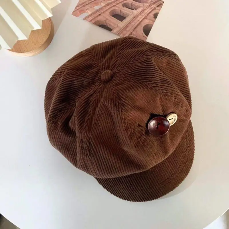 

Autumn Winter Painter Artist Hats Korean Button Octagonal Cap Vintage Corduroy Beret Hat For Women Japanese Brown Peaked Caps