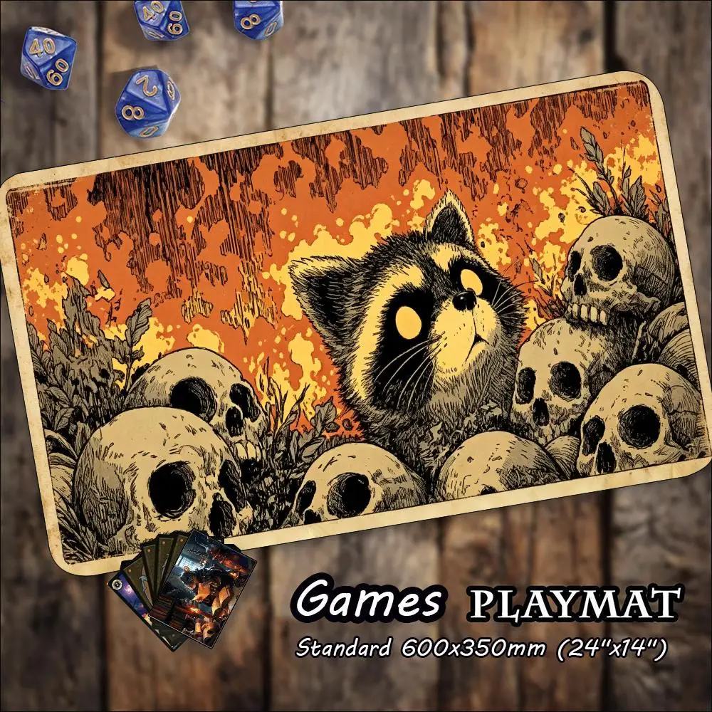 Vintage Spooky Raccoon Skull Large Game Mat Non‑Slip Rubber Playmat Graveyard Halloween Art for Trading Card Tabletop Sessions