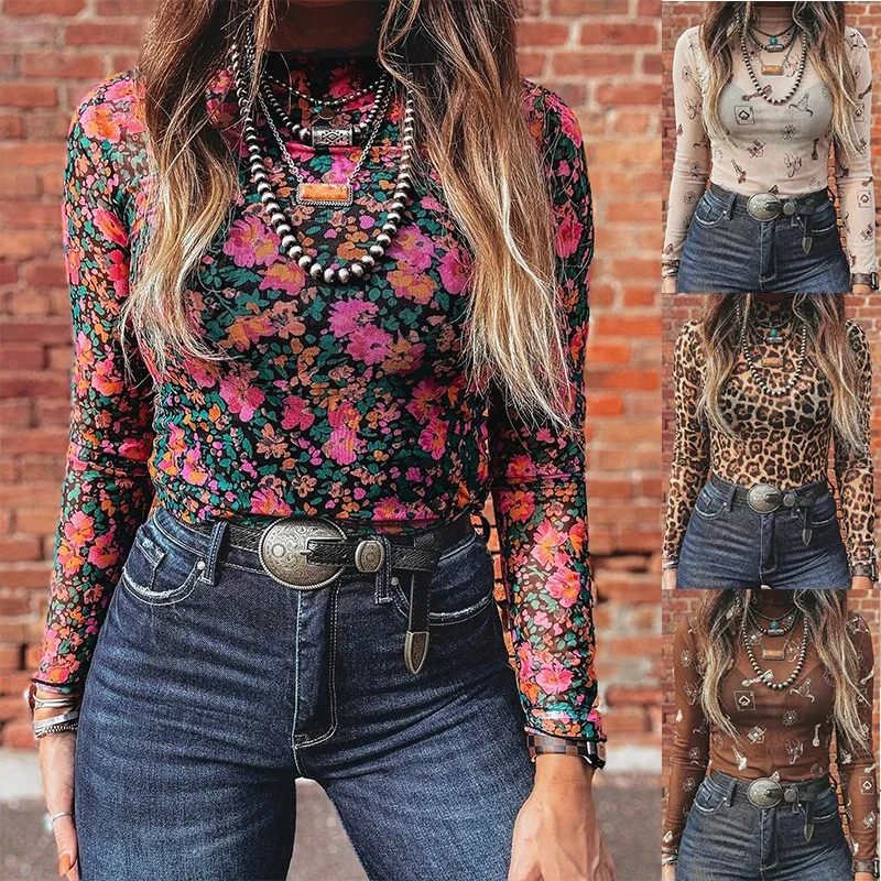 Women's Autumn Mesh Turtleneck Slim Fit Long Sleeve T-shirt Casual Women's Blouse T-shirt Woman Tops Mesh Sheer Boho Style