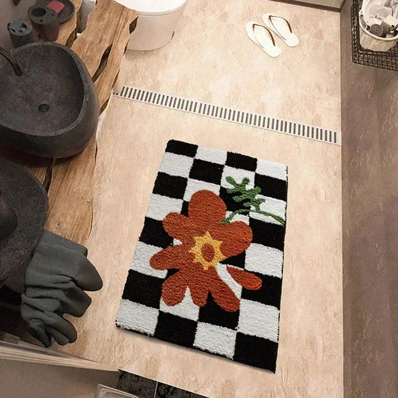 Retro Chessboard Plaid Bath Mats Fluffy Grids Soft Floral Carpet Bathroom Anti Slip Carpet Bedside Mats Ins Style Flocked Carpet