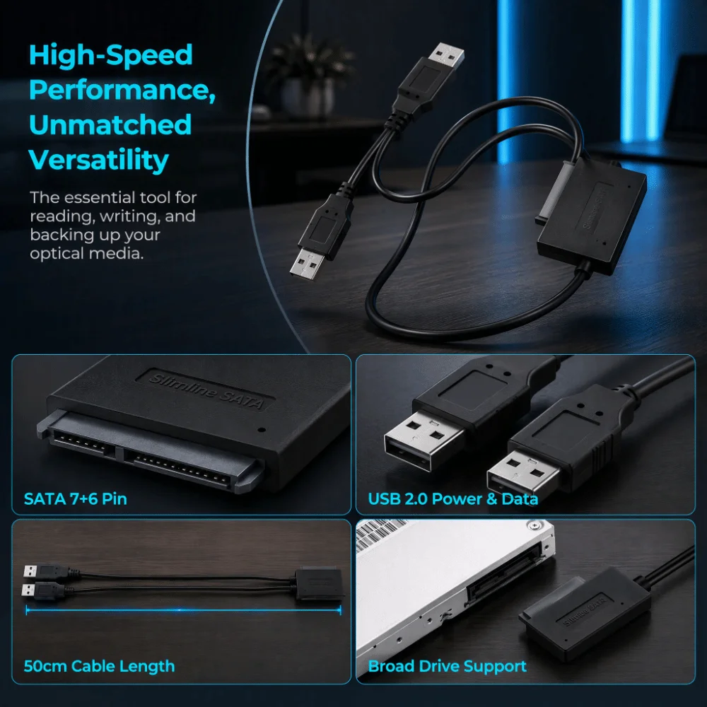 USB 3.0 Slimline SATA Adapter 5Gbps Speed USB 2.0 USB to SATA Cable 7+6 13 Pin Connector Plug and Play Optical Drive Adapter