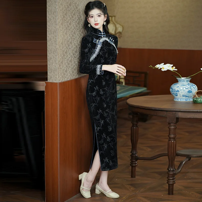 Preto estilo chinês longo cheongsam 2024 novas mulheres jovens retro magro manga comprida moda outono e inverno vestido qipao