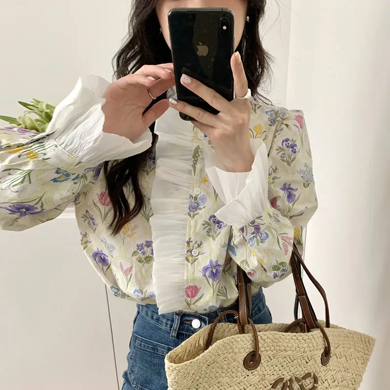 Korean Printing Shirt Tops Spring New Long Sleeve All-match Ruffles Patchwork Floral Blouse Temperament Elegant Women Clothing