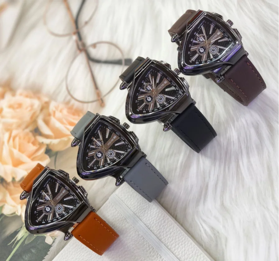 New Fashion Man Luxury Triangular Hollow Silicone Fake Mechanical Watch Leather Watch Men Business Sports Quartz Watches Gifts