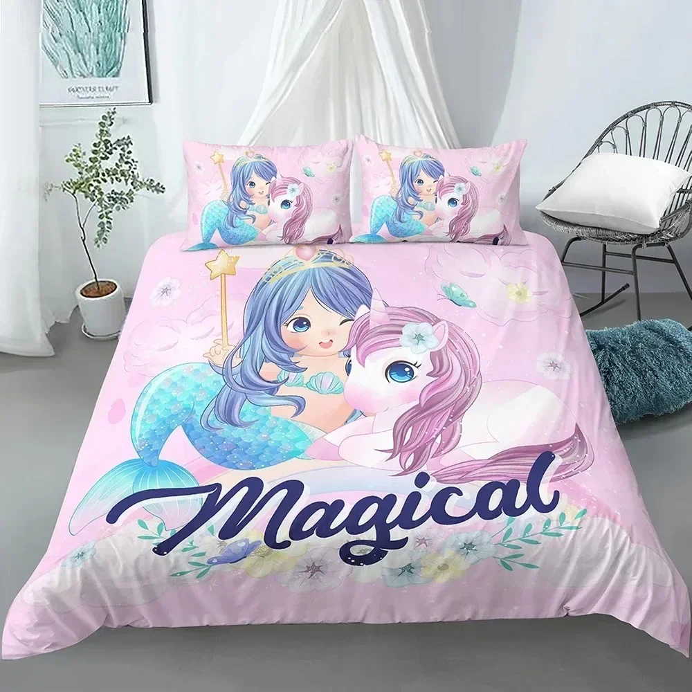 Bedding Set Crib Duvet Cover For Baby Kids Children Blue Cartoon Mermaid Edredones Niños Girls Princess Polyester Quilt Cover