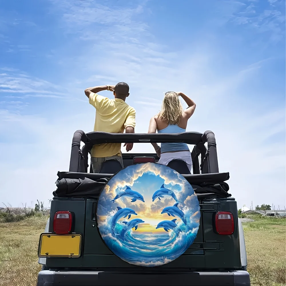 1pc Dolphin Tire Protection Cover - Fit, Vibrant Ocean Sunset Design With Leaping Dolphins, Durable Fabric For Parking Lots & Ou