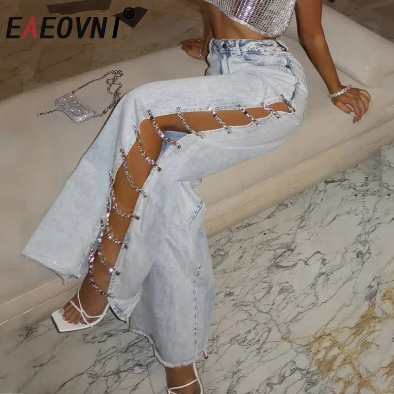 

EAEOVNI Streetwear Chic Denim Pants Fashion High Waist Chian Hollow Out Spliced Design Jeans 2025 New Clothing Trousers 1A783