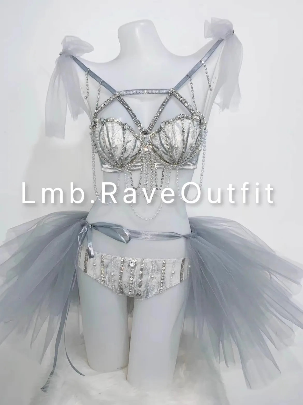 Gray Shell Electric Syllable Pearl Strap Sparkling Diamond Lace Bikini Tutu Skirt Set Sexy Singer Dance Stage Party Rave Wear