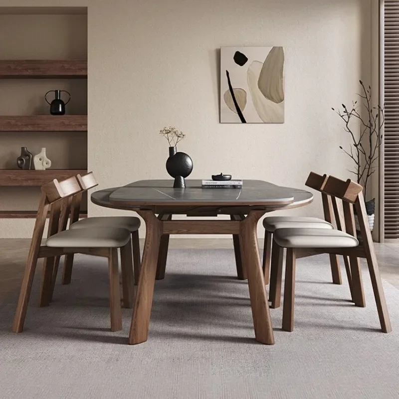 Retractable rock slab solid wood dining table Household small apartment variable round table Modern simple light luxury