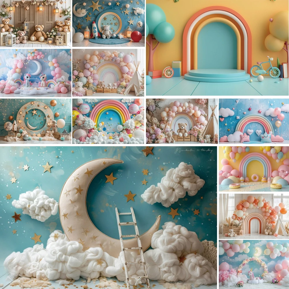 

MOON.QG Kids Moon Cloud Balloon Backgrounds For Photographs Birthday Decorations Backdrop Child Portrait Photo Booth Photozone