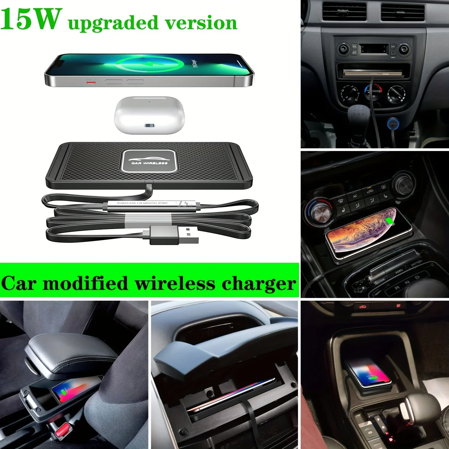 15W Upgraded Car Wireless Charger, USB Connector Wireless Charging Pad with Non-Slip Rubber Mat, for iPhone 11-16, Samsung