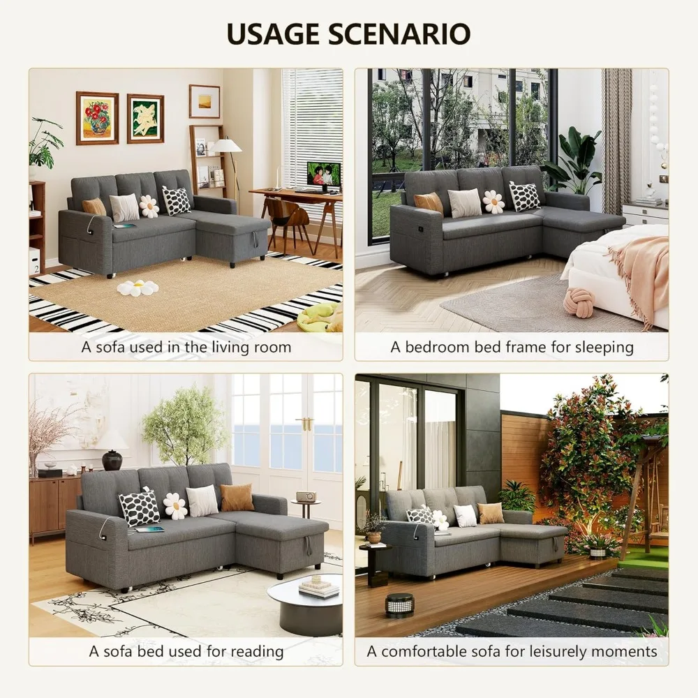 Ranjang Sofa berbentuk L dengan Tempat Tidur Sofa & USB, tempat tidur Sofa ditarik keluar & ruang penyimpanan, 3 kursi kain dapat dikonversi