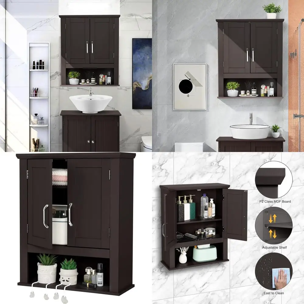 

Espresso Floating Wall Cabinet for Bathroom Storage with Doors and Adjustable Shelf