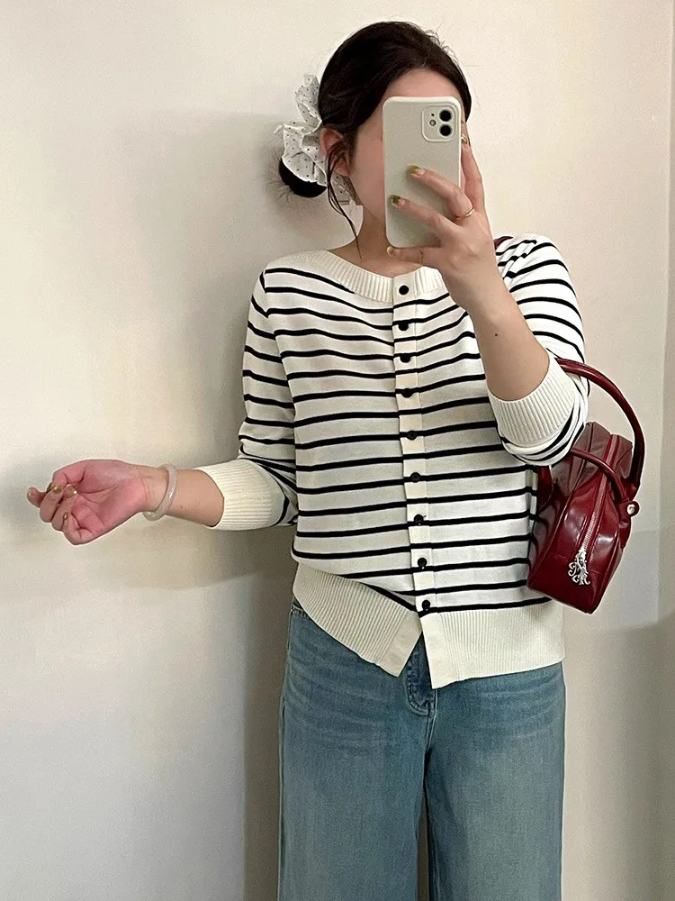 

Spring Women's Clothing Striped Slimming Long Sleeve Cardigans For Plus Size Sweet Knitwear Polyester Regular Fit Casual Wear